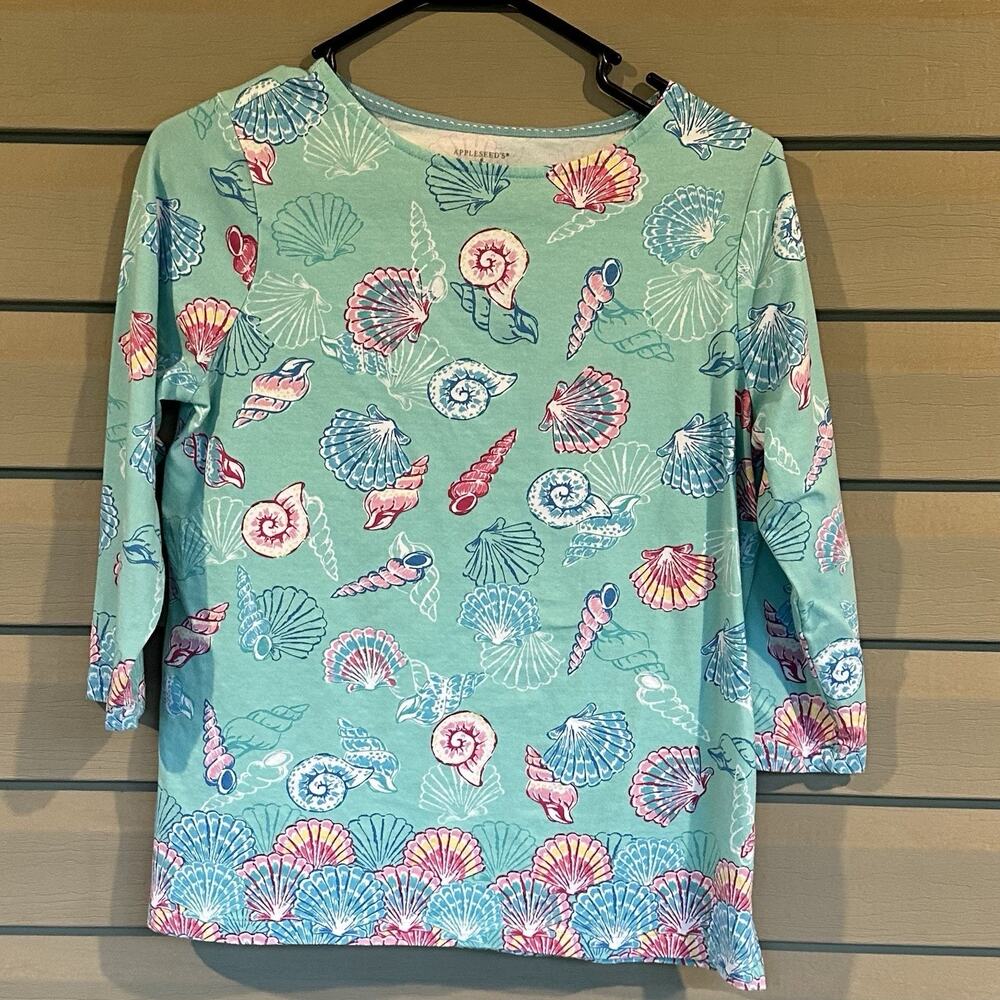 Appleseed's Women PS Blue Seashell Graphic Top Beach 3/4 Sleeve Cotton Blend